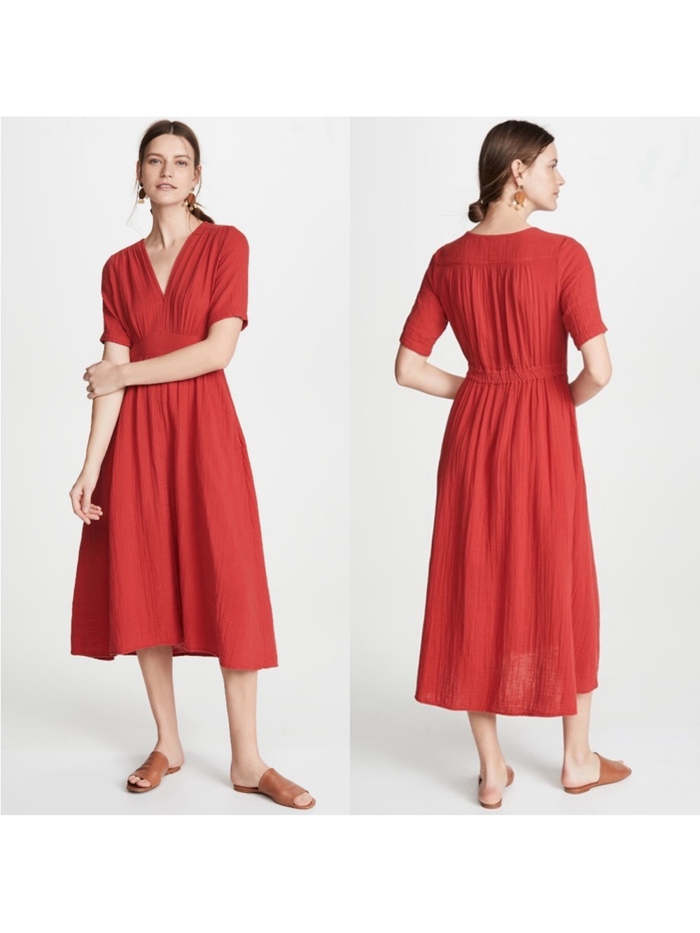 Xirena V-Neck Gauze Mila Midi Dress in Clambake Red Size L